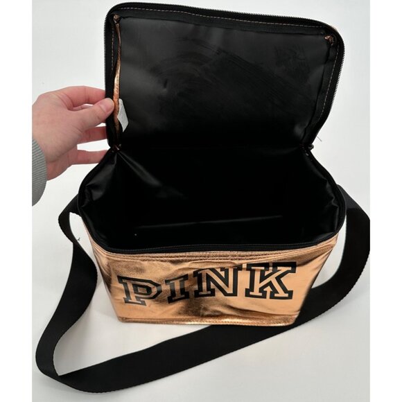 Victoria Secret PINK Rose Gold Lunch Box Never Used Zip Up Logo - Picture 3 of 5